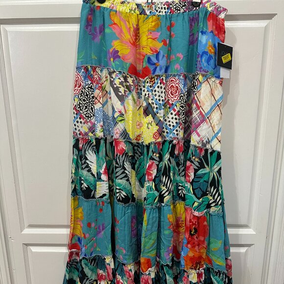 BRAND NEW W TAGS John Mark Maxi Floral Skirt Womens Size Large Patchwork Pleated - Picture 1 of 9